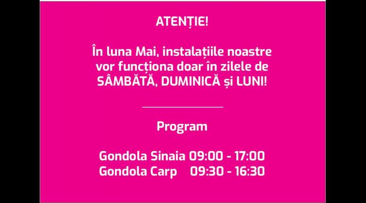 Gondola Sinaia: începem programul cu public sâmbătă 16 mai și vom funcționa doar în zilele de sâmbătă, duminică și luni, pe toată durata lunii mai