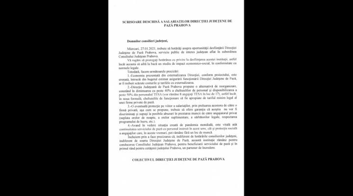 Scrisoare deschisă adresata consilierilor județeni de catre salariatii Direcției Județene de Pază Prahova