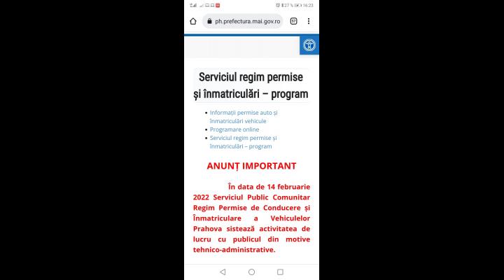 Închis la Serviciul Public Comunitar Regim Permise de Conducere și Înmatriculare a Vehiculelor Prahova pe 14 februarie