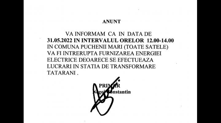 Fără curent electric, în comuna Puchenii Mari, pe 31 mai din cauza unor lucrări