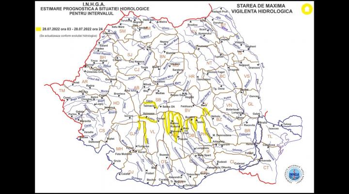 Atenționare hidrologică - cod galben pentru cinci bazine hidrografice/Vizat este și județul Prahova