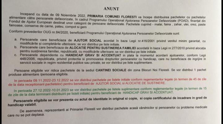 În Florești a început distribuirea pachetelor cu produsele alimentare către persoanele defavorizate