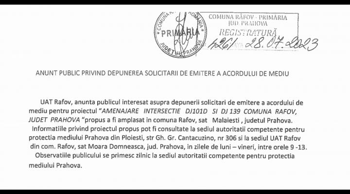 UAT RAFOV:  ANUNT PUBLIC PRIVIND DEPUNEREA SOLICITARII DE EMITERE A ACORDULUI DE MEDIU 