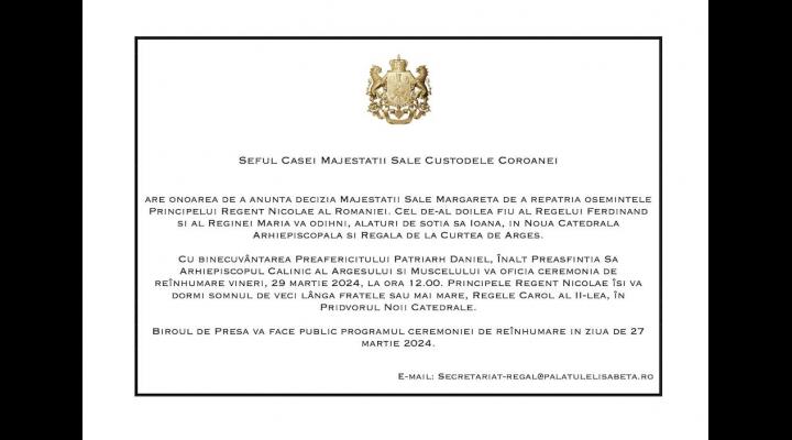 Osemintele Principelui Regent Nicolae al României vor fi repatriate 