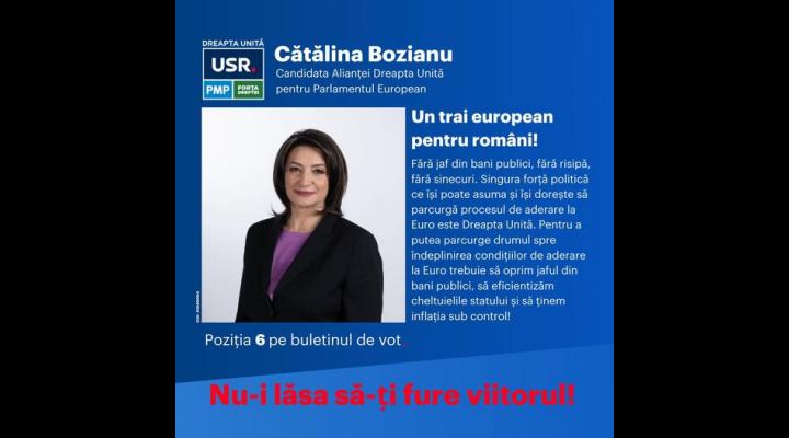 Cătălina Bozianu - candidata Alianței Dreapta Unită la Parlamentul European: ”Dreapta Unită va sprijini de la București proiectul de dezvoltare și prosperitate al românilor prin măsuri de reducere a impozitării muncii”