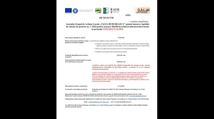 Asociatia Grupul de Actiune Locala „VALEA BUDUREASCA” anunta lansarea Apelului de selectie de proiecte nr. 1 /2024 pentru masura M6/6B Investitii in infrastructura locala in perioada 15.09.2024-31.10.2024