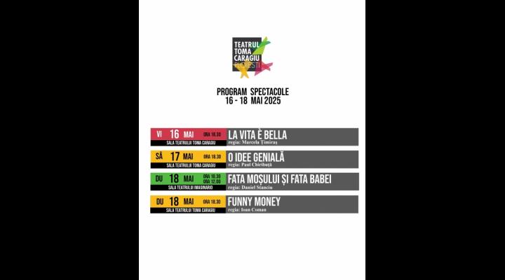 Spectacolele Teatrului „Toma Caragiu”, in perioada 12 – 18 mai