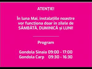 Gondola Sinaia: începem programul cu public sâmbătă 16 mai și vom funcționa doar în zilele de sâmbătă, duminică și luni, pe toată durata lunii mai