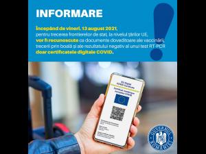 De vineri, 13 august,  doar certificatele digitale COVID pentru ieșirea din țară