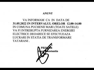 Fără curent electric, în comuna Puchenii Mari, pe 31 mai din cauza unor lucrări