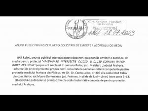 UAT RAFOV:  ANUNT PUBLIC PRIVIND DEPUNEREA SOLICITARII DE EMITERE A ACORDULUI DE MEDIU 